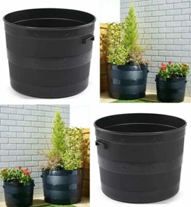 BLACK PLASTIC PLANTER PLANT POT TUB GARDEN PATIO OUT OR INDOOR BARREL FLOWER POT - Picture 1 of 7