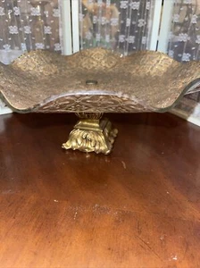 Mid Century Modern Gold GLASS BOWL TRAY RUFFLED 1950 Centerpiece MCM Decor - Picture 1 of 10