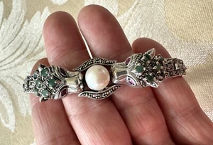 Natural Pearl Emerald Marcasite 925 Sterling Silver Tiger Bracelet - Picture 1 of 4