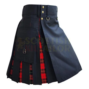 Falda falda escocesa híbrida hecha a mano negra con Wallace rojo tartán para hombre talla personalizada - Imagen 1 de 7