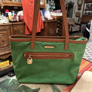 Michael Kors Women’s Shoulder Bag Satchel Tote Green Nylon Leather Accents  - Picture 1 of 21