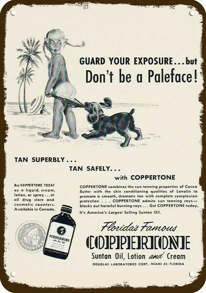 1955 COPPERTONE BRONCEADO AÑOS 50 PLAYA PERRO Y NIÑA aspecto de colección réplica decorativa letrero de metal Foto 1 de 1