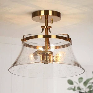 Modern 11.8 in. 2-Light Plated Brass Semi-Flush Mount with Bell-Seeded Shade LED - Picture 1 of 12