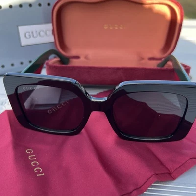 GUCCI GG1330S 001FB Square Injection Black Red Green 55 22 142 Womens Sunglasses - Image 1 of 4