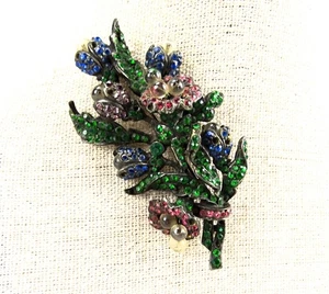 Vintage Brosche Blumenstrauß Strass, blau, grün, rosa, Lavendel - Bild 1 von 4
