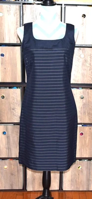 Ann Taylor 100% Silk Tank Shift Sheath Dress Navy Blue White Pinstripes Size 6 - Image 1 of 4