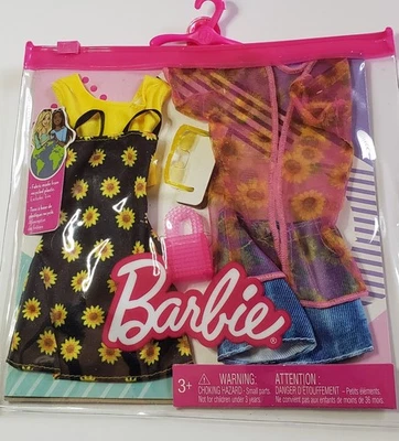 Barbie Fashions 2-Pack Dress with Flowers, 2 Outfits & 2 Accessories Denim Short - Image 1 of 4