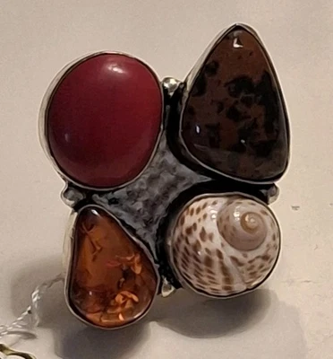 Y2K Vintage Signed .925 Ring Giant Genuine Huge Amber Shell Obsidian Jasper SZ 6 - Image 1 of 4