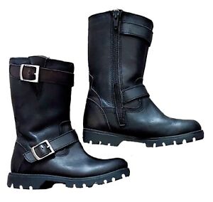 F&F Girls Leather 2-Tones Black/Brown Zip-Up Mid-Calf Biker Boots ~ UK 10 Child 