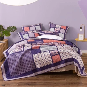 DaDa Bedding Spring Blossom Purple Peach Patchwork Cotton Floral Bedspread Set - Picture 1 of 16