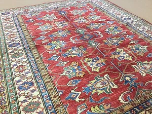 Alfombra de lana anudada a mano 4'8"" X 5'11"" roja beige súper kazaja - Imagen 1 de 12