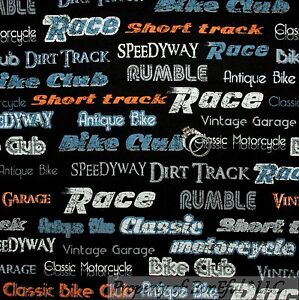 BonEful FABRIC FQ Cotton Quilt Black B&W Gray Race Car Dirt Bike Motorcycle Word