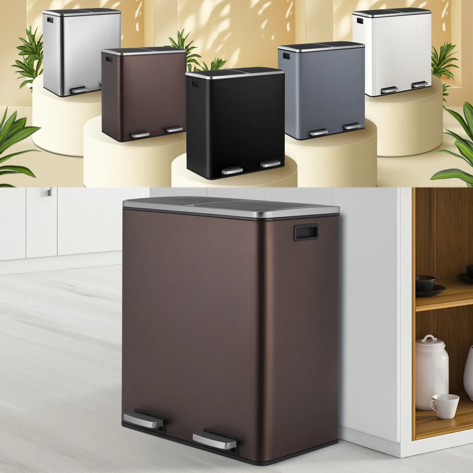 Bote de basura de acero inoxidable de doble compartimento de 16 galones con tapa de cierre suave Foto 1 de 1