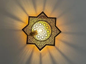 Moroccan Brass Star Wall Sconce: Handmade Boho Wall Lamp - Picture 1 of 8