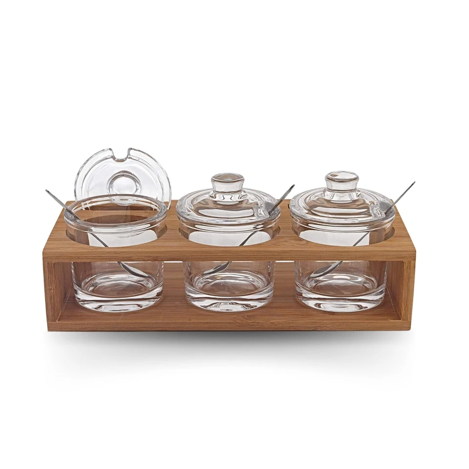 Badash Condiment Jars & Wood Stand Set of 3 (B55)