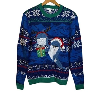 Celebrate Together Ugly Christmas Sweater Blue Shark Santa Rentier Geschenk Gr. S - Bild 1 von 9