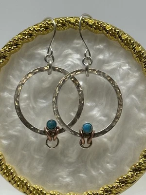 Handmade Hammered Sterling Silver Dangle Hoops With Round Turquoise And Copper  - Image 1 of 4