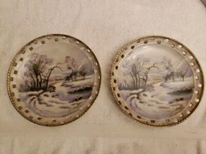 Vintage Ucagco 8" Plates (2) Winter Scene Hand-Painted Artist Signed - Picture 1 of 4