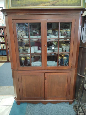 Large Antique Wood 4 Door Corner Cabinet With Crown Molding Cover