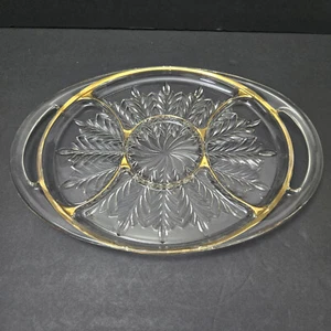 Vintage Jeanette Pressed Glass W Handle Gold Trim Platter Gilded Feather 15” - Picture 1 of 10