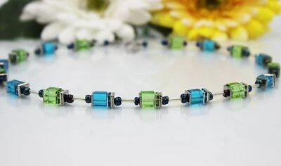 Würfelkette Perlen Glas Türkis Grün Blau Halskette Strass Collier Damen #MC053 - Bild 1 von 4