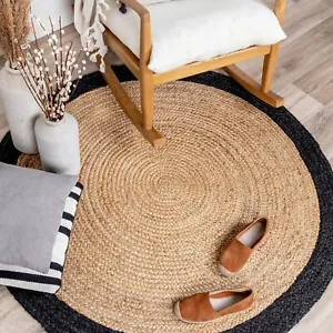 RUG Round Natural Jute Beige with Black Border Living Room Hallway Area Rug - Picture 1 of 7