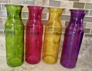 4 NEW Beautiful Colorful Glass Milk Jar Bottles Vases- 7.5 " Tall x 2.5" wide - Picture 1 of 3