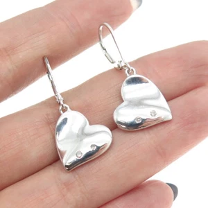 ELLE 925 Sterling Silver Real Round-Cut Diamond & Ruby Heart Dangling Earrings - Picture 1 of 7