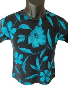 Erin London Petite Blouse Shirt Women's Small Black Teal Flowers Short Sleeve - Picture 1 of 6
