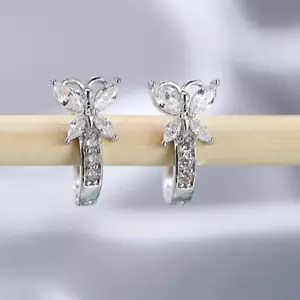 18K Plated White Golden Rhinestone Butterfly Hoop Earrings Jewelry Women Gift - Picture 1 of 2