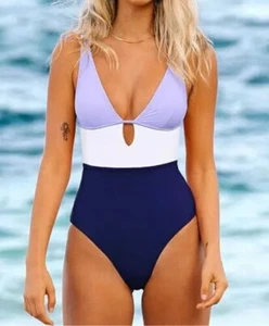 Cupshe Women's Swimsuit Size Small One Piece V Neck Keyhole Cutout Color Block - Picture 1 of 8