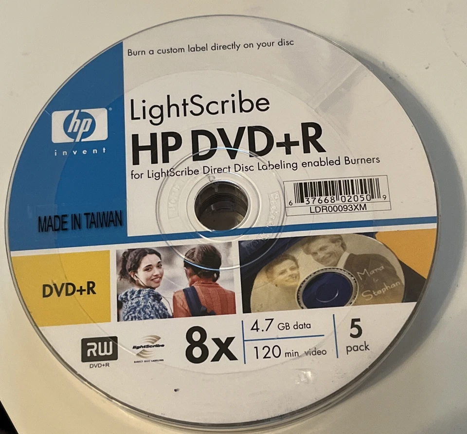 5 Pack HP LightScribe DVD+R 8x 4.7 GB Data 120 Min LDR00093XM - Image 1 of 1