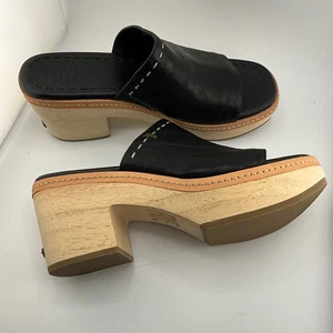 FRYE schwarze Damen-Plateau-Clogs aus Leder mit Ziernähten und Holzabsatz Größe 9M - Bild 1 von 12