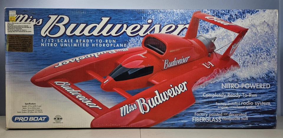 Vintage Miss Budweiser RC Nitro Gas 1/12 Hydroplane Racing Boat Working Damaged - Image 1 of 4
