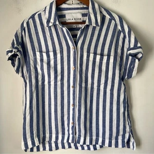 Lola River Navy and White Striped Women's Blouse Linen Blend Medium - Picture 1 of 9