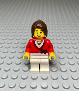 Lego Minifigure: Red Sweater W. Heart Necklace + White Legs Dark Brown Ponytail - Picture 1 of 2