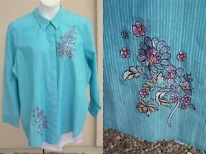 Blair NEW embroidered shirt top Plus Size 3X 3XL floral SPRING aqua white blouse - Imagen 1 de 12