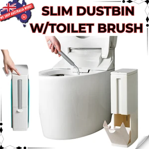 Trash Can With Toilet Brush Bathroom Slim Dustbin Garbage Bin Lid Waste Basket - Picture 1 of 7