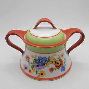 Zuccheriera vintage fiori arancio verde con coperchio Moschendorf Bavaria 3,25x5,5x4,25 - Foto 1 di 5