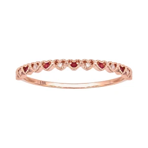 Banda Apilable Corazón Pequeño Rubí Genuino y Diamante Oro Rosa 10k - Imagen 1 de 5