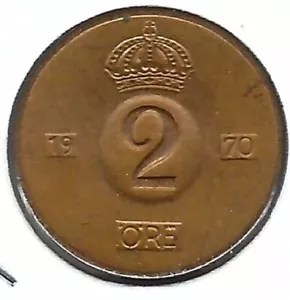 1970 Schweden 2 Erz unzirkulierte Bronzemünze Gustaf VI! - Bild 1 von 2