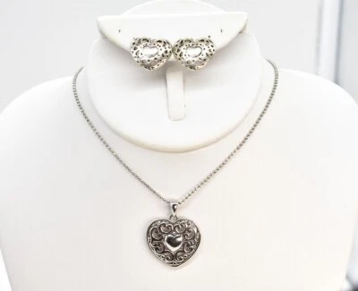 14" Cookie Lee Silver-T Filigree Heart Pendant Chain Choker Necklace/Earrings - Image 1 of 4