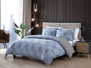 City Scene Milan Cotton Blue 3 Piece Comforter Set-Full/Queen - Picture 1 of 19