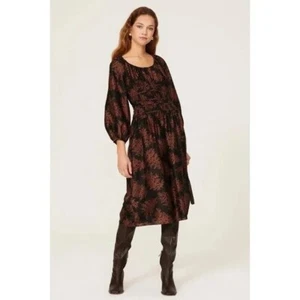 REBECCA TAYLOR Arden Fern Print Black Brown Long Sleeve Dress Smocked Medium - Picture 1 of 16
