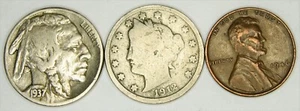 Buffalo Head Nickel, Liberty V Nickel, Lincoln Weizencent - 3 Münzen Lot - Bild 1 von 2