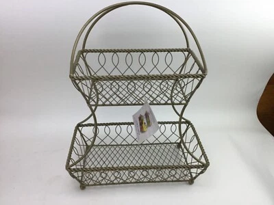 Cesta de frutas Mikasa de hierro forjado dorado antiguo respaldo plano celosía de 2 niveles con mango Foto 1 de 3