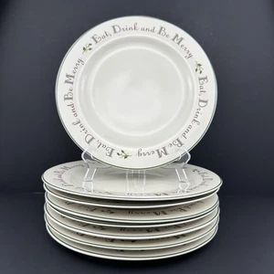 Home HOLLY Eat, Drink, & Be Merry Dinner Plates (8) Christmas MINT Condition - Picture 1 of 19