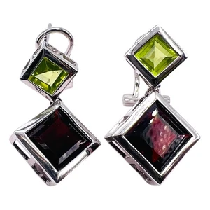 18k White Gold Peridot and Garnet Double Square Drop Post Earrings 6 grams - Picture 1 of 16