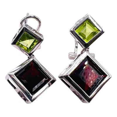 18k White Gold Peridot and Garnet Double Square Drop Post Earrings 6 grams - Image 1 of 4