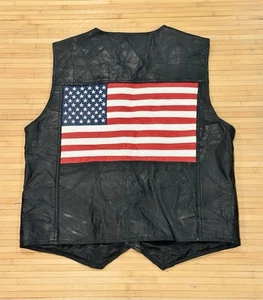Gilet vintage 100% pelle nero bandiera americana USA biker uomo XXL chiusura a scatto anni 90 - Foto 1 di 8